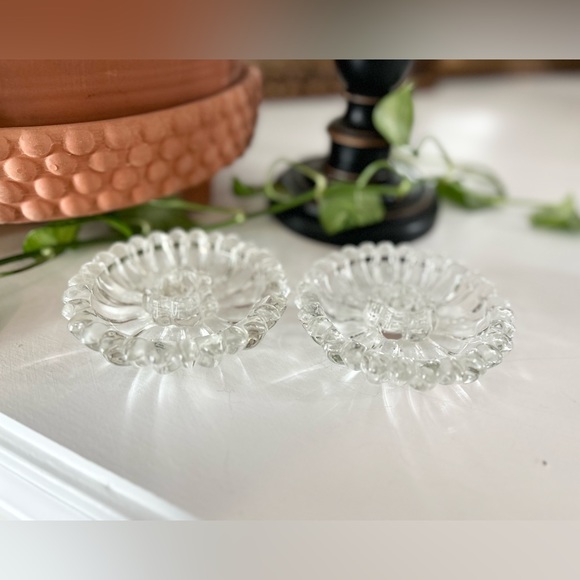 Vintage Clear Glass Flower Taper Candle Holders Crystal Cut - Picture 2 of 5